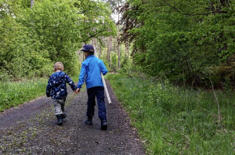 2 Kinder die sich an der Hand halten und durch einen Wald spazieren.