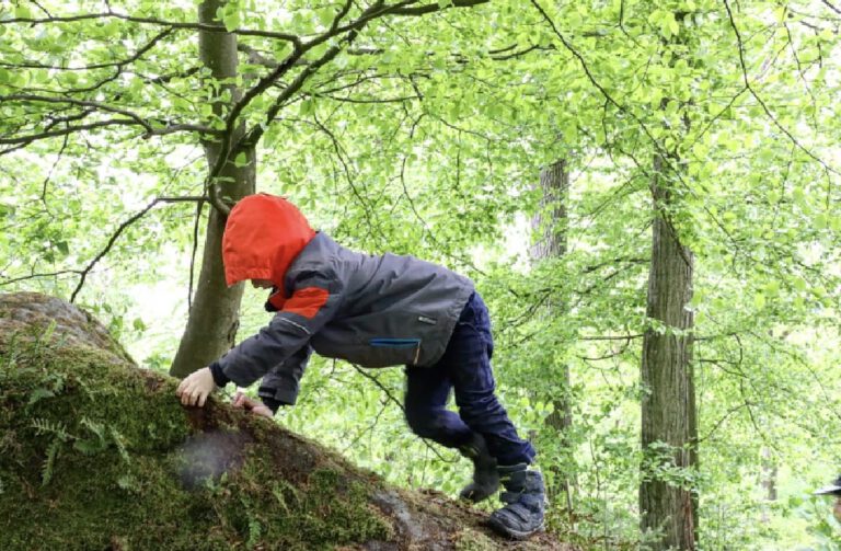 Ein Kind klettert auf einen Felsen.