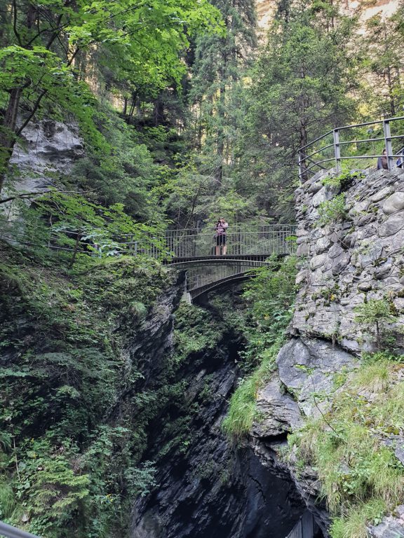 Ich stehe in der Mitte einer Brücke in einer Schlucht und fotografiere. 