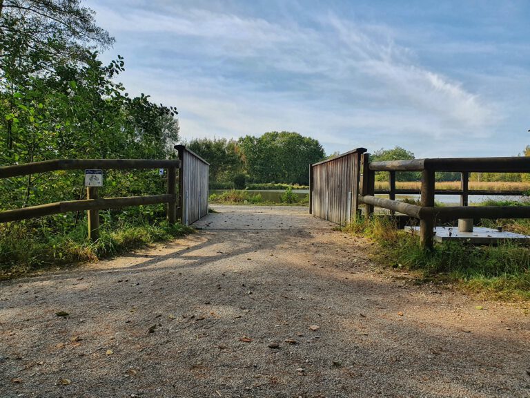 Eine Holzbrücke die um den Dechsen Weiher führt.