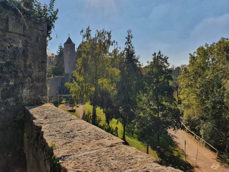 Eine alte Burgmauer im Vordergrund. Ein paar Bäume und ein Turm im Hintergrund.