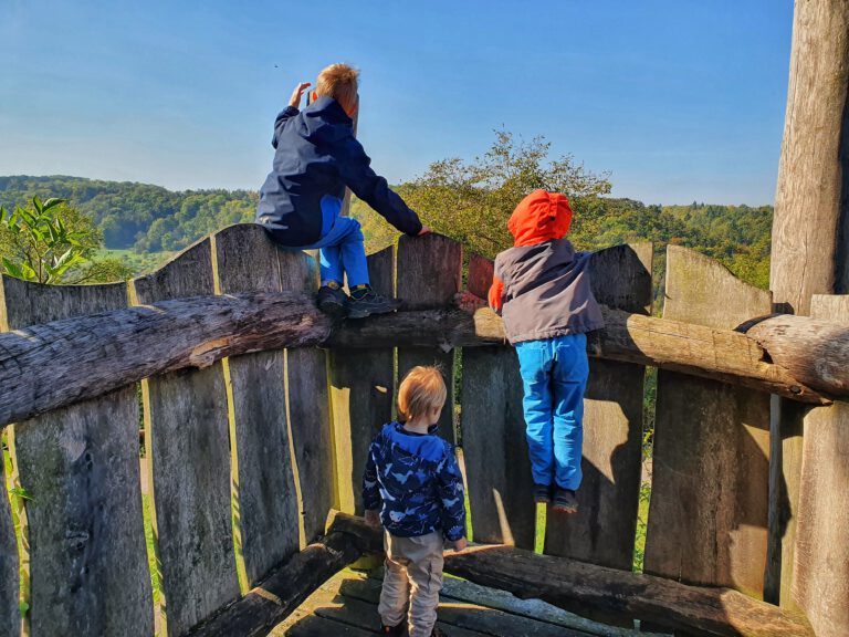 3 Kinder auf einem Holzplateau die in die Ferne schauen.