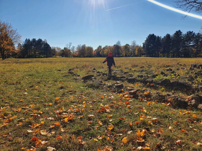 Ein Kind läuft durch buntes Herbstlaub.