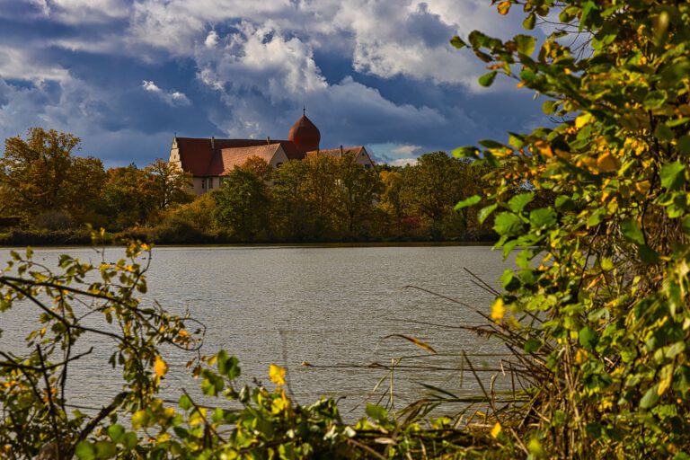 Der Vordergrund ist mit Ranken umgeben, dahinter ein Weiher. Am anderen Ufer sieht man die Spitzen eines Wasserschlosses.