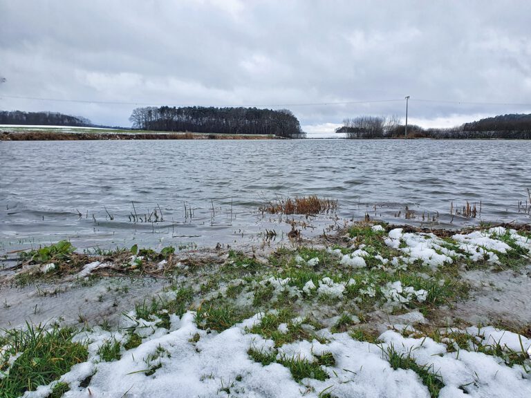 Ein Weiher auf dem man leichte Wellen erkennt. Schnee liegt drumherum.