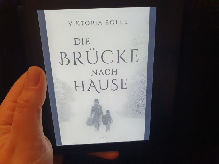 Ein Buch mit einem Schneecover auf dem eine Erwachsene und ein Kind in die Ferne laufen. "Die Brücke nach Hause".