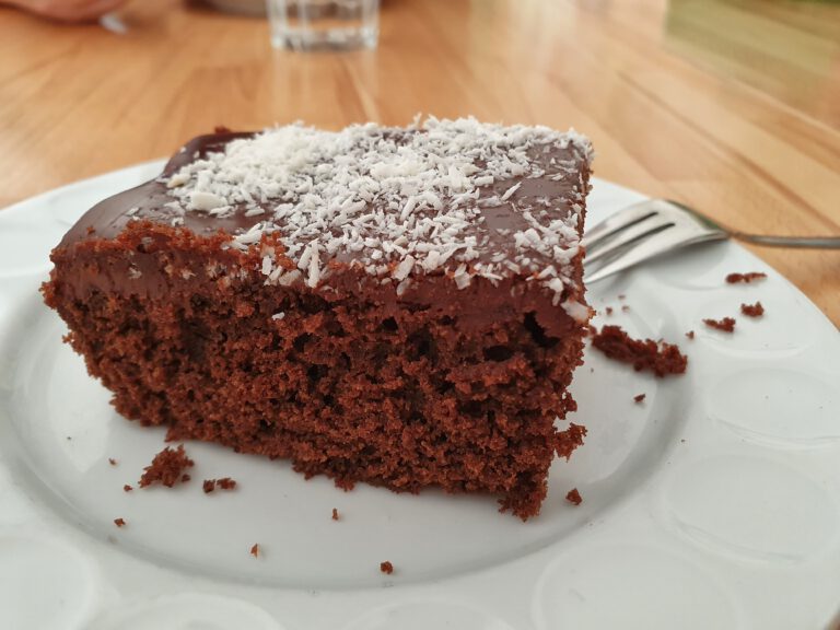 Ein Stück Schokoladenkuchen mit Schokocreme und Kokosraspeln.