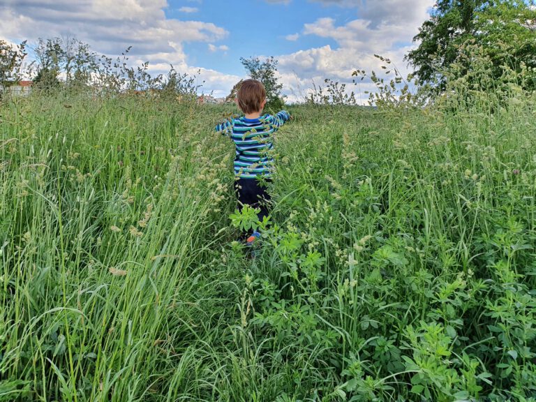 Ein kleines Kind, das durch hohes Gras läuft.