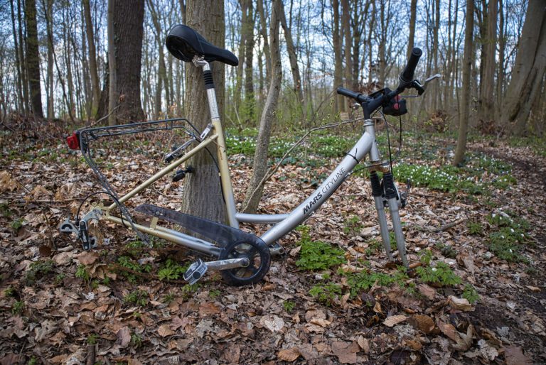 Ein altes rostiges Fahrrad im Wald.