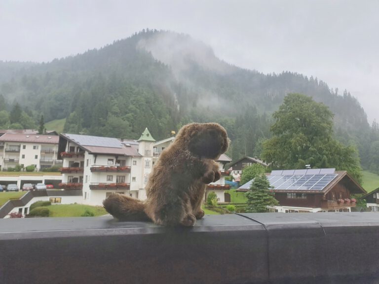 Ein Stoff-Murmeltier auf dem Balkon. Im Hintergrund verschwinden die Berge im Nebel.