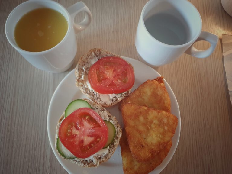 Ein Teller mit Kartoffelecken, zwei Brötchen mit Gurken und Tomaten und zwei Tassen, eine mit Wasser, eine mit Orangensaft gefüllt.