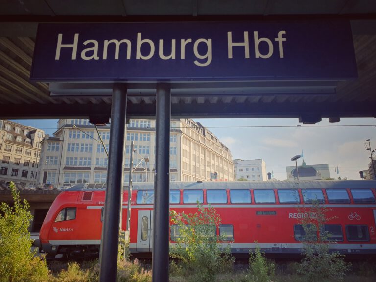 Ein blaues Schild auf dem "Hamburg HBF" steht. Im Hintergrund ist ein roter Regionalexpress.