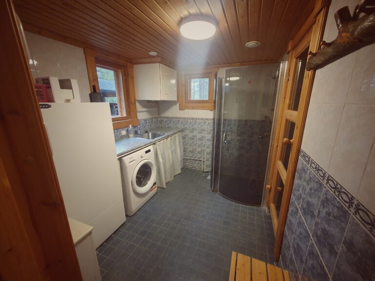 Ein Badezimmer mit blauen Fliesenboden, einer Waschmaschine, Waschbecken und ebenerdiger Dusche.