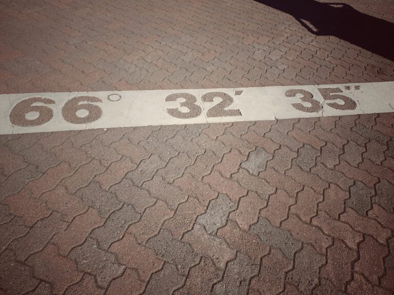 Ein weißer dicker Strich am Boden mit den Koordinaten 66 32 35, welches den Polarkreis markiert und das Weihnachtsmanndorf.